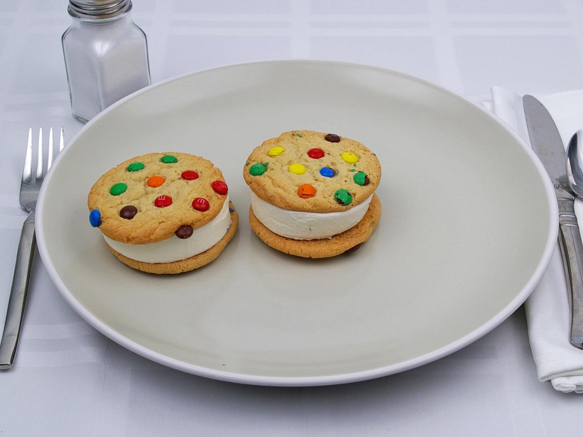 Calories in 2 cookie(s) of M & M Ice Cream Cookie Sandwich