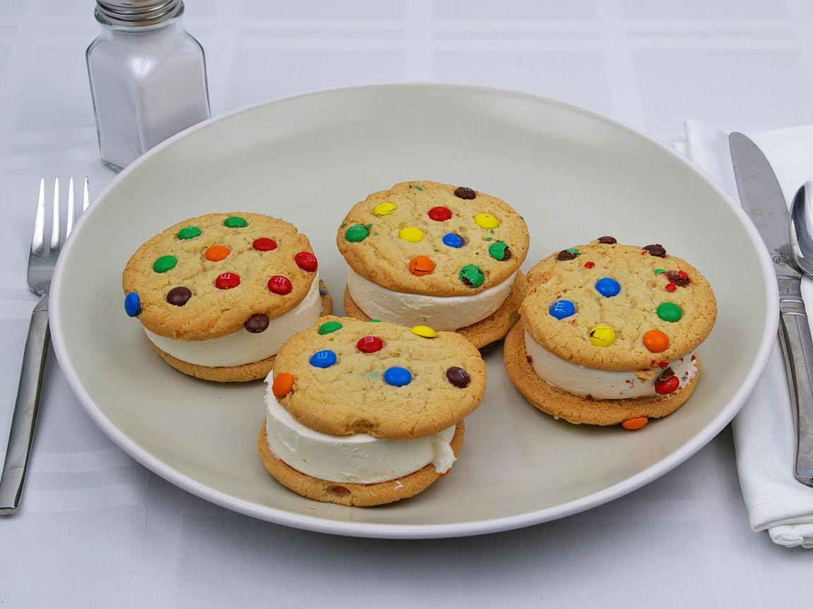 Calories in 4 cookie(s) of M & M Ice Cream Cookie Sandwich