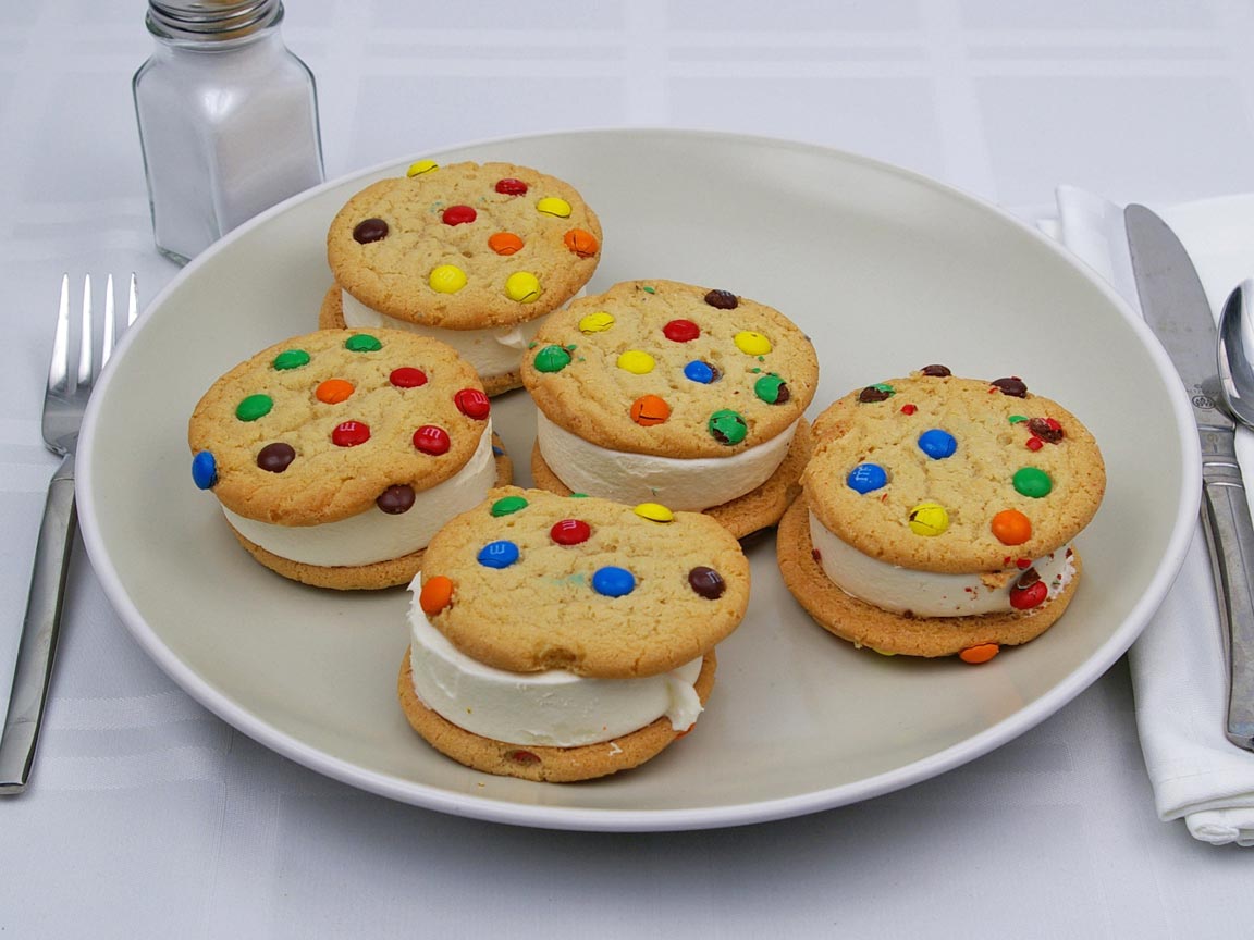 Calories in 5 cookie(s) of M & M Ice Cream Cookie Sandwich