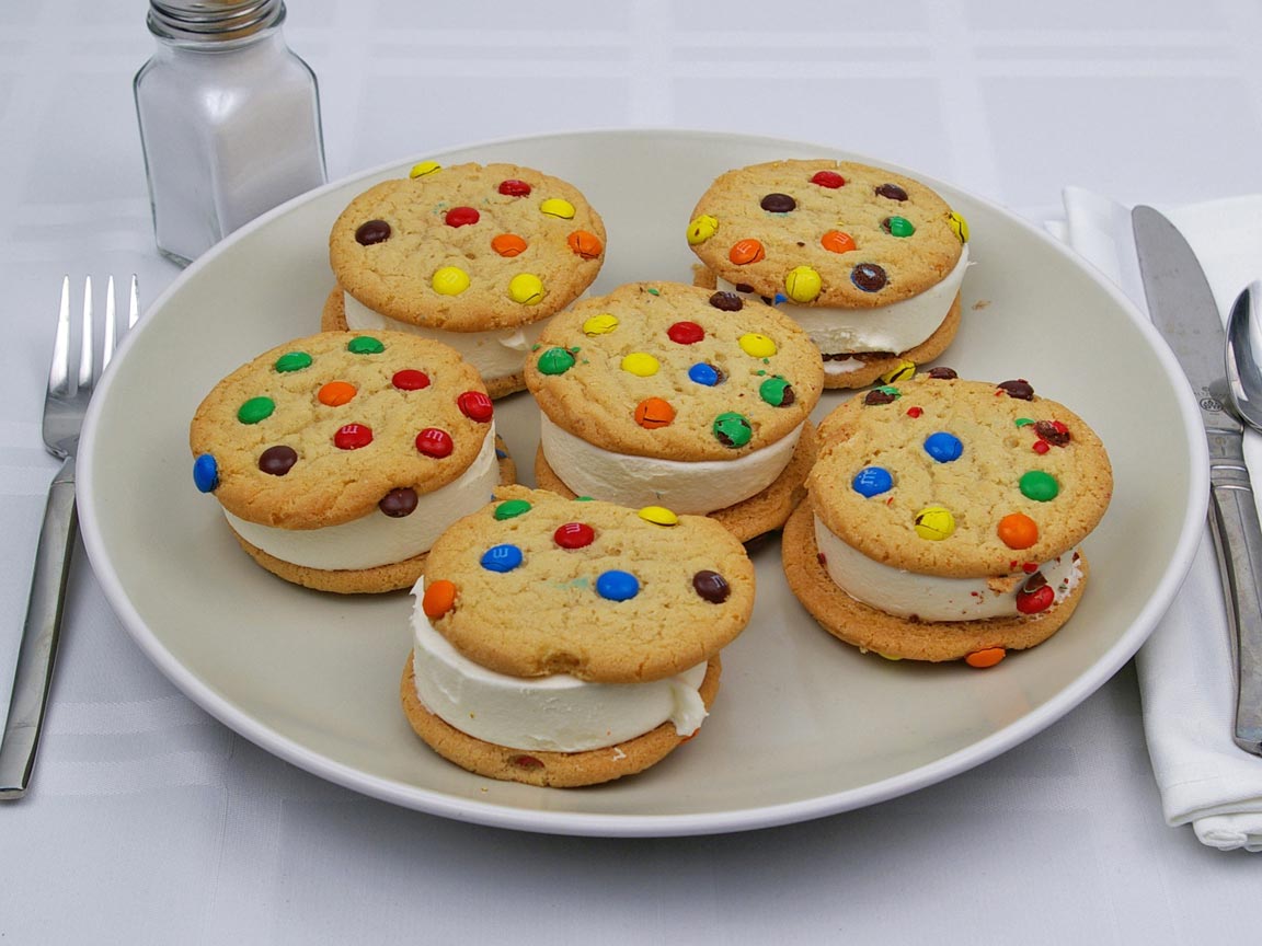 Calories in 6 cookie(s) of M & M Ice Cream Cookie Sandwich