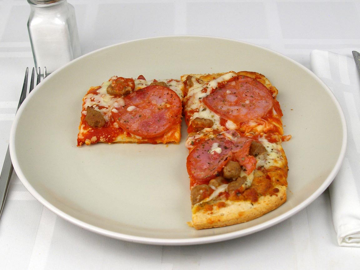 Calories in 3 piece(s) of Three Meat Sicilian Frozen Pizza - Flatbread Crust