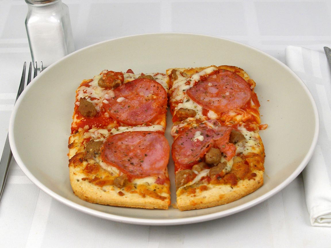 Calories in 4 piece(s) of Three Meat Sicilian Frozen Pizza - Flatbread Crust