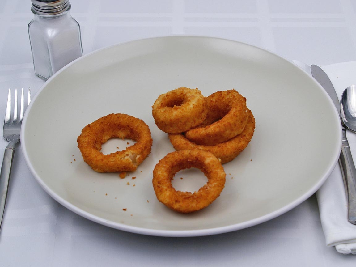 Calories in 56 grams of Onion Rings - Frozen - Oven Heated
