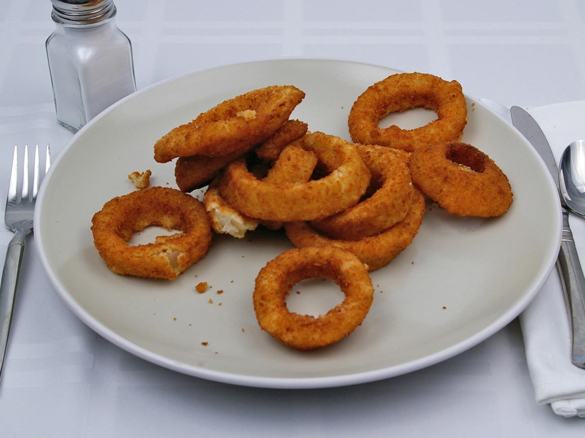 Calories in 141 grams of Onion Rings - Frozen - Oven Heated
