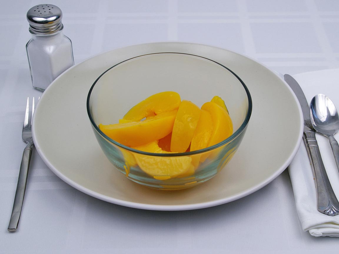 Calories in 1.25 cup(s) of Peaches - Canned - Heavy Syrup - Drained