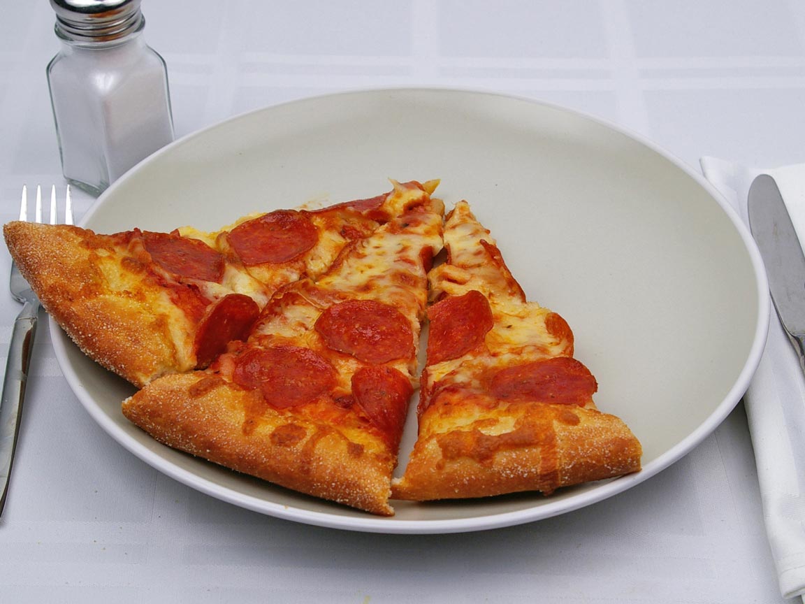 Calories in 1.5 slice(s) of Pizza - Pepperoni - Reg Crust - Large - 14 inch