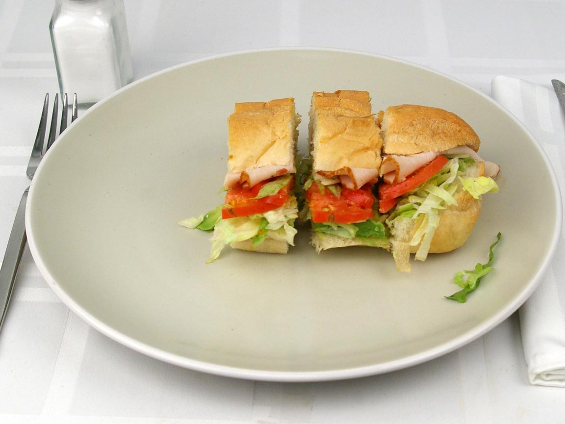 Calories in 0.75 sandwich(s) of Subway Turkey Avocado Swiss No Mayo